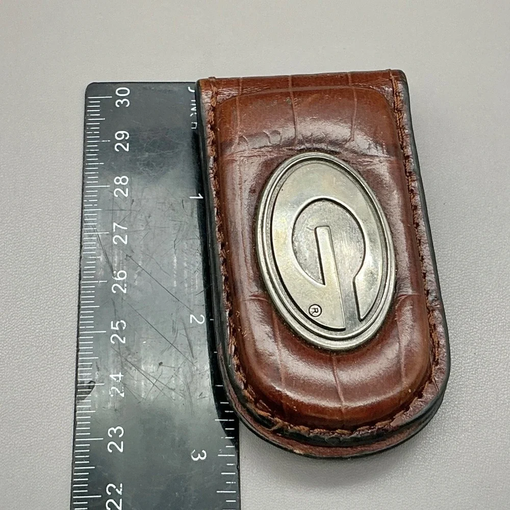 Guess Genuine Leather Money Clip Brown Croc Embossed Silver Tone Logo Wallet
